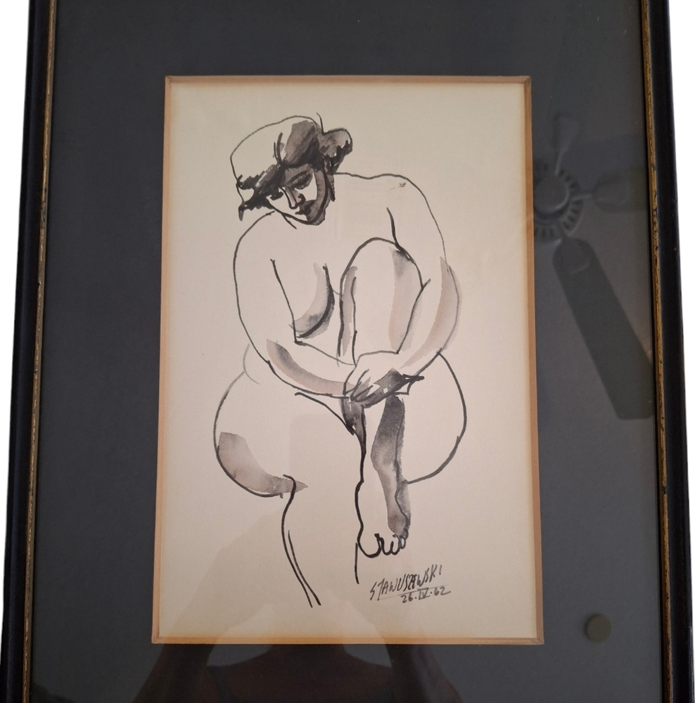 16x13 framed. Nude Female Study, Ink. Dated 1962, Signed Stawusawski STANUSZOWSK